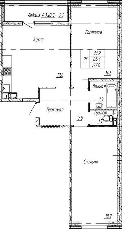2-комн., 65.4 м², 9/9 этаж, ЖК «Архитектор. ГК ЮгСтройИнвест»
