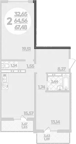 3-комн., 64.56 м², 1/16 этаж, ЖК «Восточный. Квартал №6»