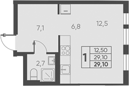 Студия, 29.1 м², 7/15 этаж, ЖК «Барса»