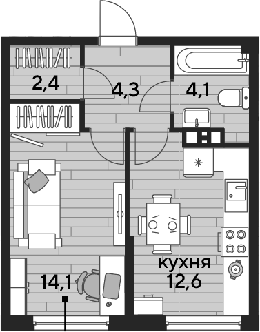 1-комн., 37.5 м², 9/16 этаж, ЖК «DОГМА ПАРК»