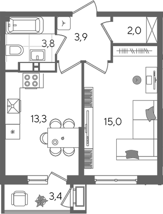 1-комн., 38 м², 17/24 этаж, ЖК «Рекорд»