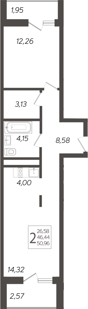 2-комн., 46.44 м², 16/19 этаж, ЖК «Кислород»