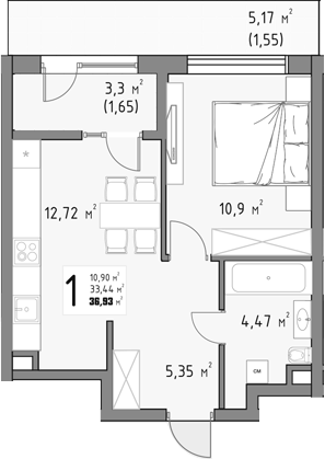 1-комн., 33.73 м², 3/15 этаж, ЖК «Коллекция»