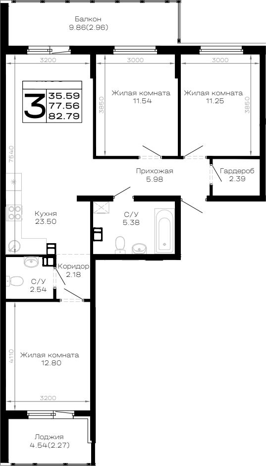3-комн., 77.56 м², 1/4 этаж, ЖК «Усадьба Гостагаевская»