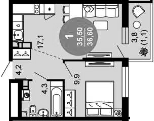 2-комн., 35.5 м², 2/12 этаж, ЖК «Флора»