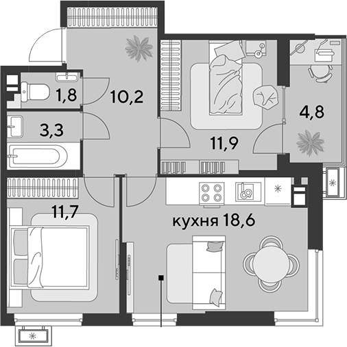 3-комн., 57.5 м², 9/9 этаж, ЖК «Парк Победы»
