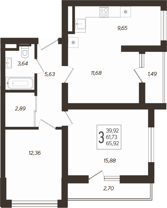 3-комн., 61.73 м², 7/19 этаж, ЖК «Кислород»