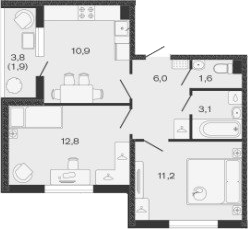 2-комн., 45.6 м², 1/4 этаж, ЖК «Дзенпарк»