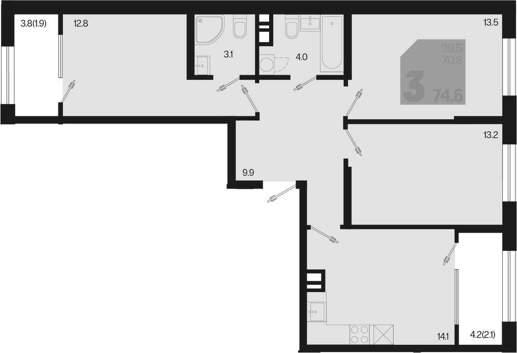 3-комн., 70.6 м², 5/9 этаж, ЖК «Первое место»