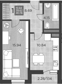 1-комн., 39.62 м², 6/17 этаж, ЖК «Россинский Парк»