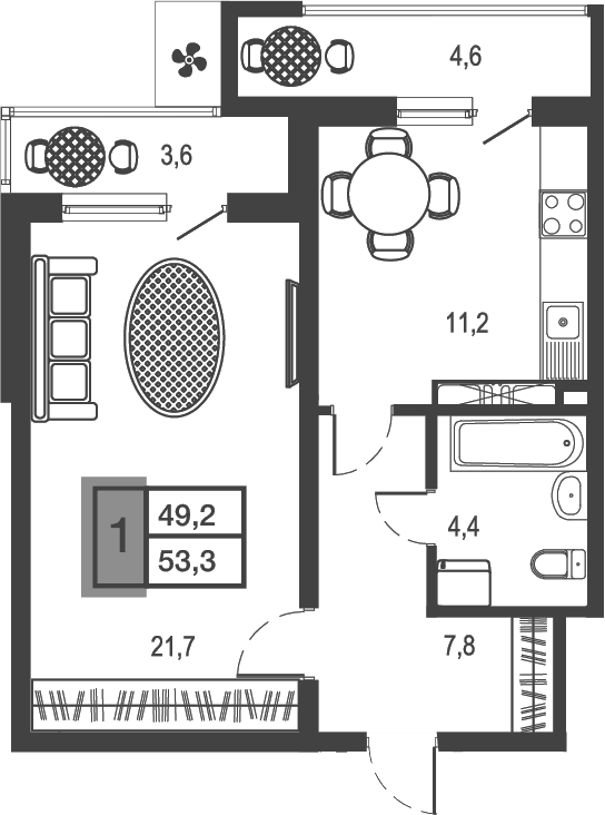 1-комн., 45.1 м², 19/23 этаж, ЖК «Дом у озера»