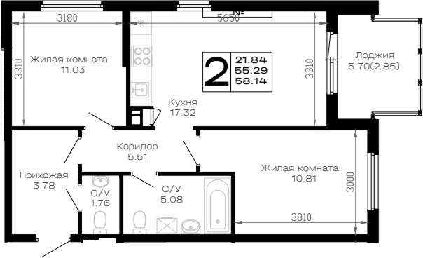 2-комн., 55.29 м², 4/4 этаж, ЖК «Усадьба Гостагаевская»