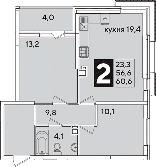 3-комн., 56.6 м², 6/16 этаж, ЖК «Самолет»