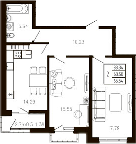 2-комн., 64.12 м², 4/9 этаж, ЖК «Суворов»