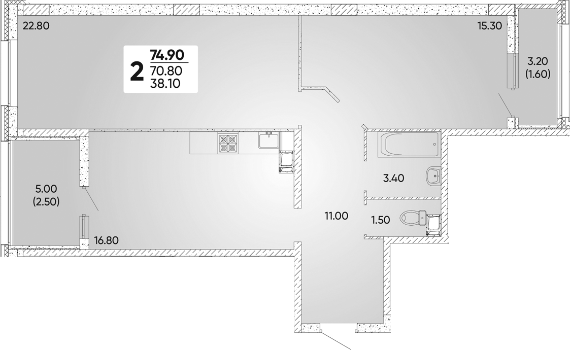 2-комн., 70.8 м², 5/18 этаж, ЖК «Архитектор. ГК ЮгСтройИнвест»