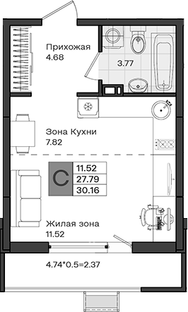 Студия, 27.79 м², 3/8 этаж, ЖК «МОНО квартал»
