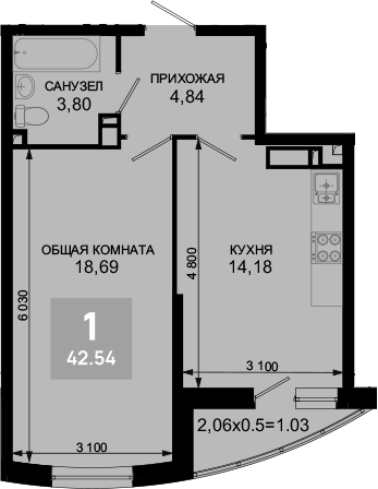 1-комн., 41.51 м², 13/19 этаж, ЖК «Лучший»