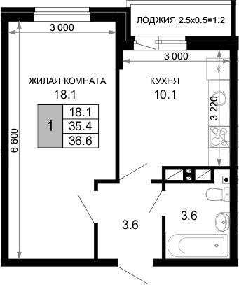 1-комн., 35.4 м², 13/16 этаж, ЖК «Дыхание»