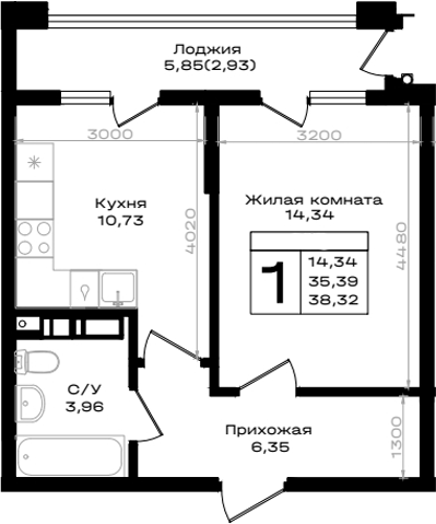 1-комн., 35.39 м², 6/9 этаж, ЖК «ЮЖНО»