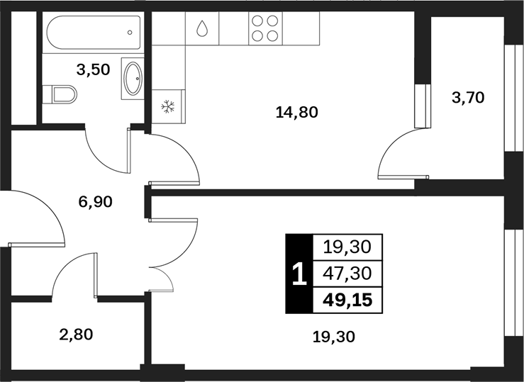 1-комн., 47.3 м², 4/12 этаж, ЖК «Аксис Патриот»