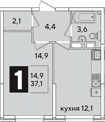 1-комн., 37.1 м², 13/16 этаж, ЖК «Самолет»