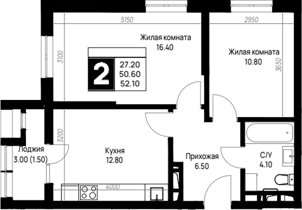 2-комн., 50.6 м², 9/12 этаж, ЖК «На высоком берегу»