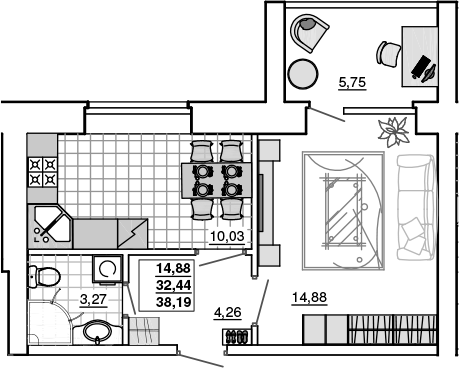 1-комн., 32.44 м², 1/5 этаж, ЖК «Новый Город. СЗ Премьерстрой»