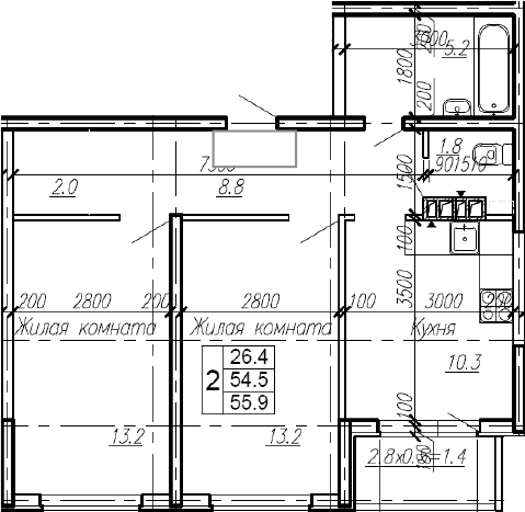 2-комн., 54.5 м², 1/4 этаж, ЖК «Эво»