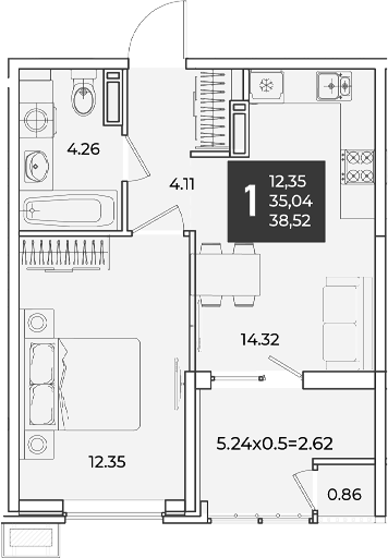 1-комн., 35.04 м², 12/18 этаж, ЖК «Образцово»