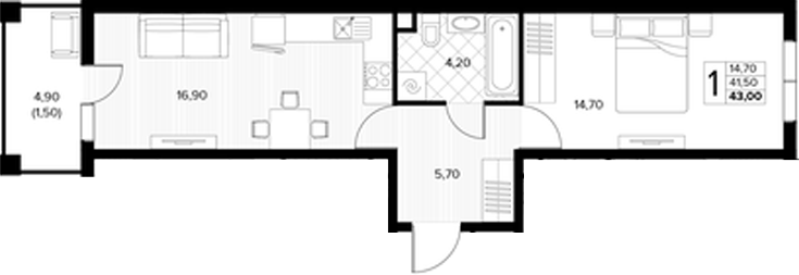 1-комн., 41.5 м², 1/7 этаж, ЖК «Кипарис»