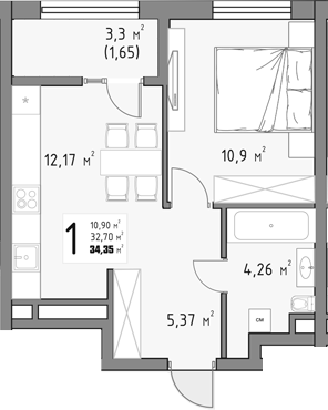 1-комн., 32.7 м², 9/15 этаж, ЖК «Коллекция»