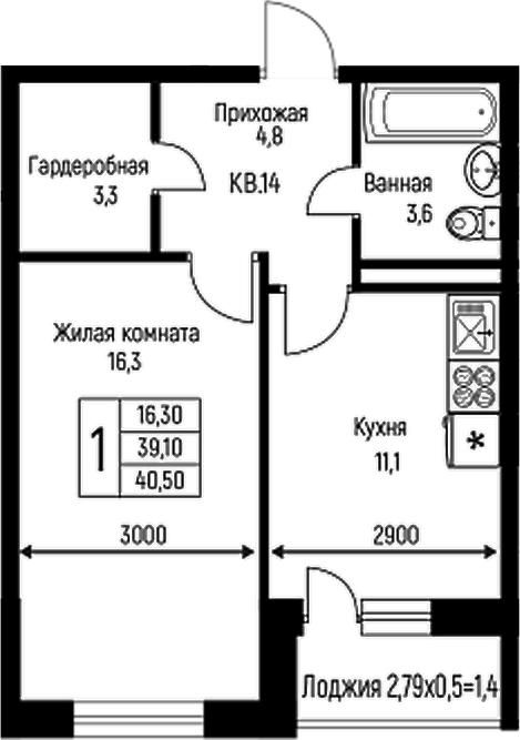 1-комн., 39.1 м², 3/3 этаж, ЖК «Nova Vita»