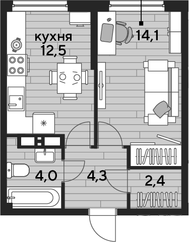 1-комн., 37.3 м², 16/19 этаж, ЖК «DОГМА ПАРК»