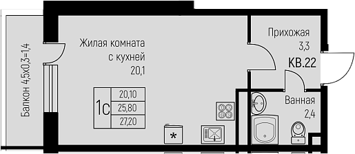 Студия, 25.8 м², 3/3 этаж, ЖК «Nova Vita»