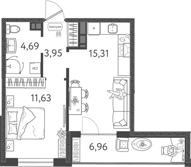 2-комн., 35.58 м², 3/9 этаж, ЖК «Друзья»