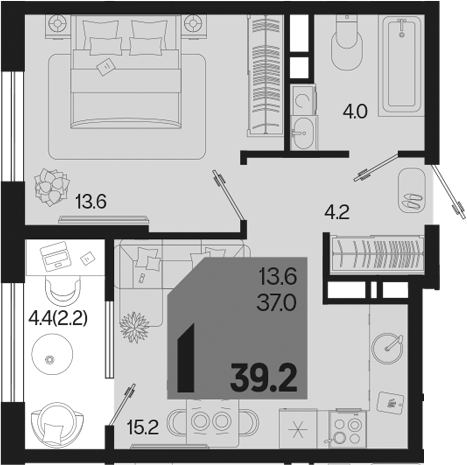 1-комн., 37 м², 16/18 этаж, ЖК «Первое место»