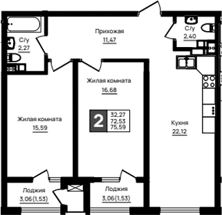 2-комн., 72.53 м², 5/18 этаж, ЖК «Резиденция морей»