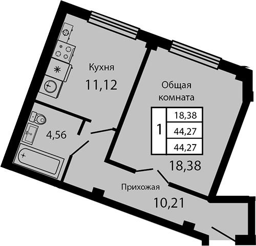 Продается 1-комн. квартира, 46.55 м²