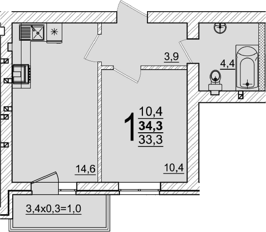 1-комн., 33.3 м², 1/5 этаж, ЖК «Дарград»