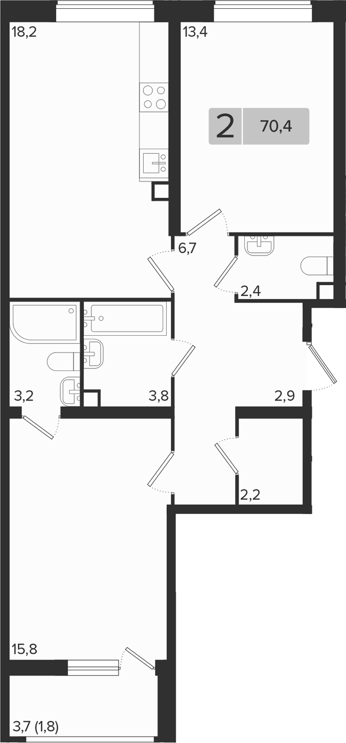 2-комн., 68.6 м², 2/18 этаж, ЖК «Эрмитаж»