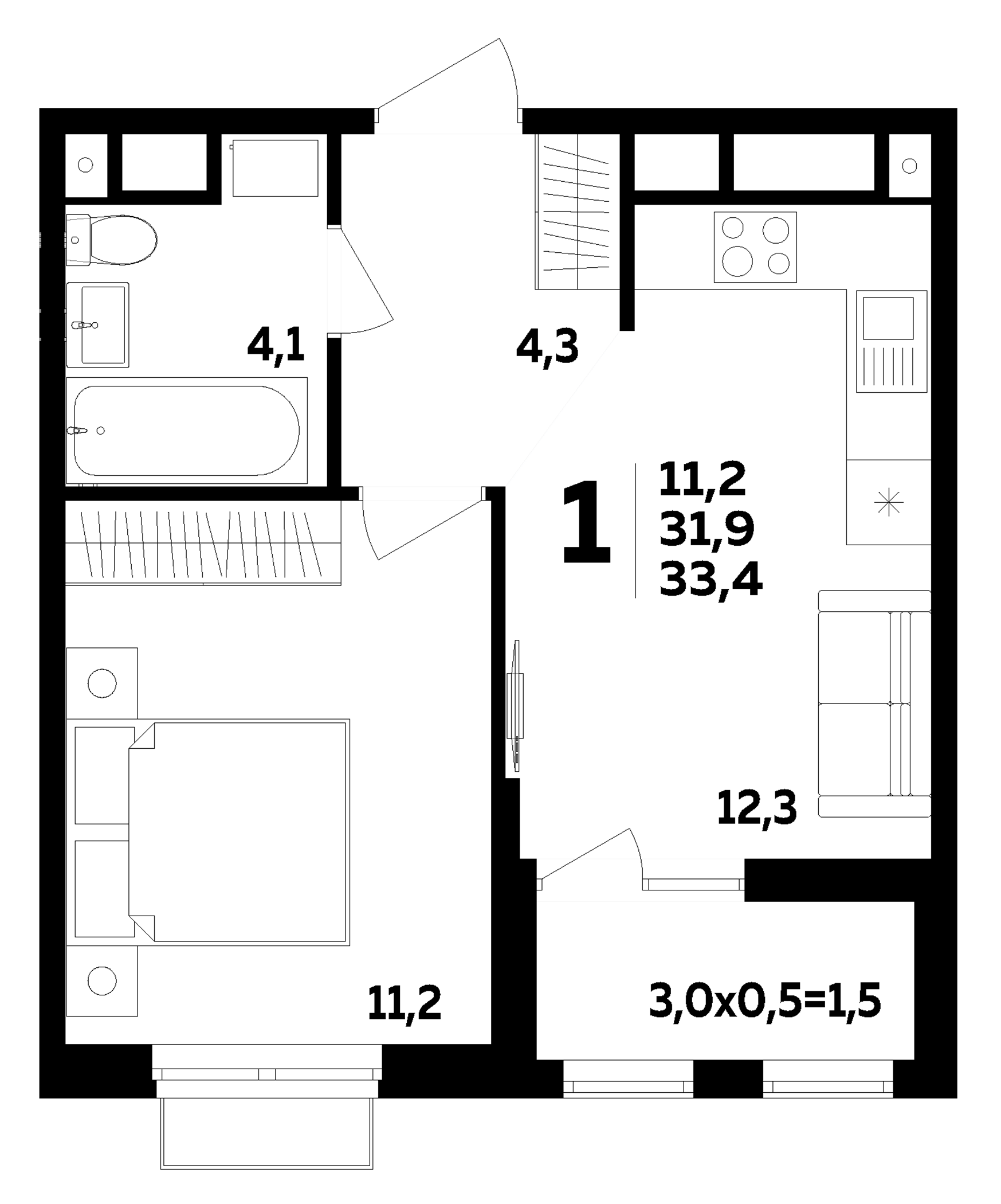 1-комн., 31.9 м², 13/16 этаж, ЖК «МегаСити»