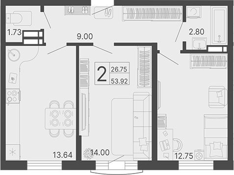2-комн., 53.92 м², 13/13 этаж, ЖК «Светский лес»