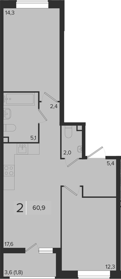 2-комн., 59.1 м², 2/18 этаж, ЖК «Эрмитаж»