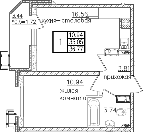 2-комн., 35.05 м², 9/23 этаж, ЖК «Урал»