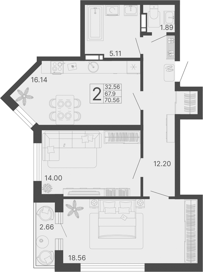 2-комн., 67.9 м², 10/20 этаж, ЖК «Светский лес»