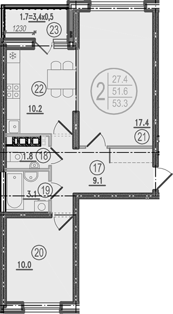 2-комн., 51.6 м², 6/9 этаж, ЖК «Спортивная деревня»