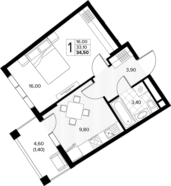 1-комн., 33.1 м², 8/8 этаж, ЖК «Кипарис»