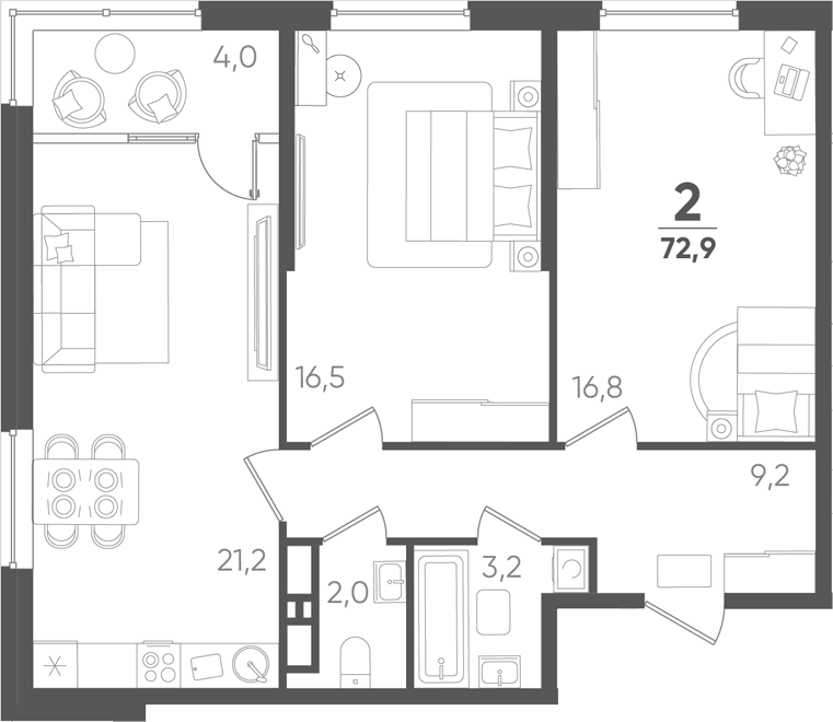 2-комн., 68.9 м², 16/18 этаж, ЖК «Барса»