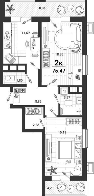 2-комн., 62.34 м², 9/18 этаж, ЖК «Родные Просторы»