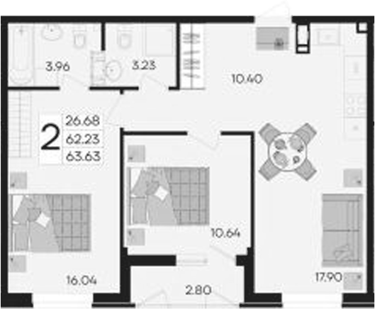 2-комн., 62.23 м², 4/9 этаж, ЖК «Дом 101»